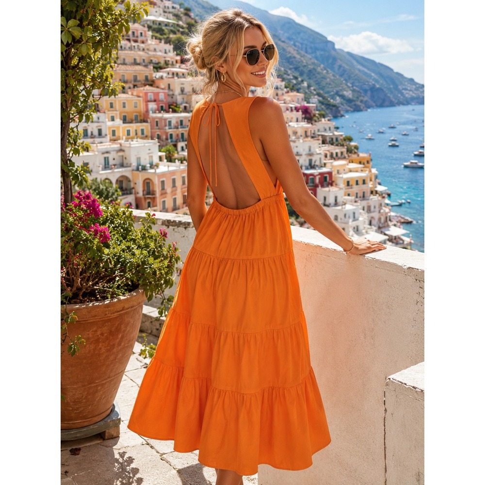 Alice + Olivia Orange Open Back‎ Tiered Midi Dress Cotton Blend Size 4
